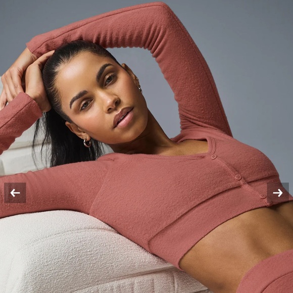 Alo Yoga Alolux Cropped Me Time Cardigan Sweater Top Button Down Soft Terracotta - Picture 3 of 11